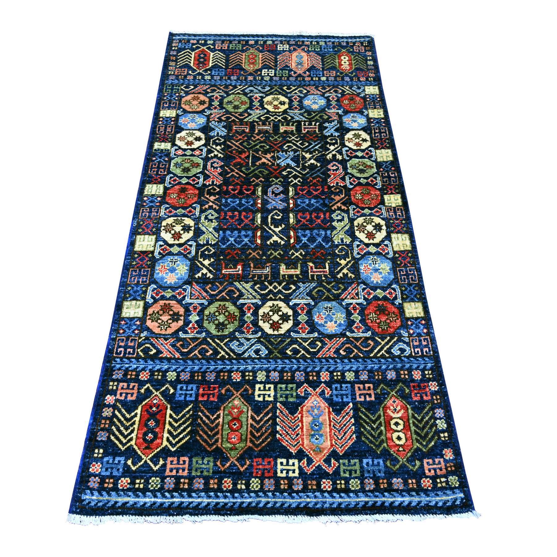 2'10"x6' Yale Blue, Hand Knotted, Afghan Ersari with Hutchlu Design, Reimagined, Vegetable Dyes, Denser Weave, Soft Wool, Runner, Oriental Rug 